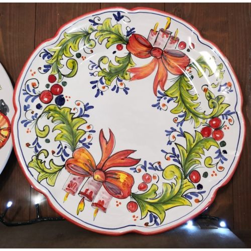 Dish, plate cake christmas line white Background. handpainted Vietri ceramic.