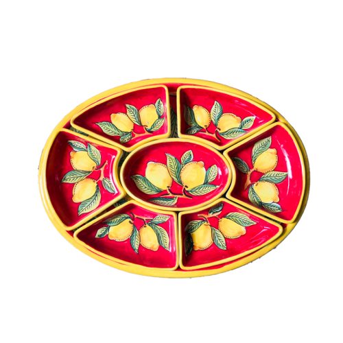 Antipastiera. Cena Fredda. 7 pezzi. Linea Limoni fondo rosso. Ceramica Di vietri. Dipinta a mano.
