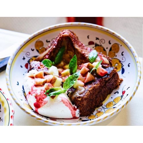 Restaurant Line - handpainted Vietri ceramic. Available soups, dinner, fruit/dessert, placemats, serving dishes.