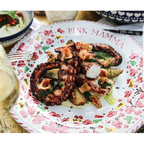 Restaurant Line - handpainted Vietri ceramic. Available soups, dinner, fruit/dessert, placemats, serving dishes.