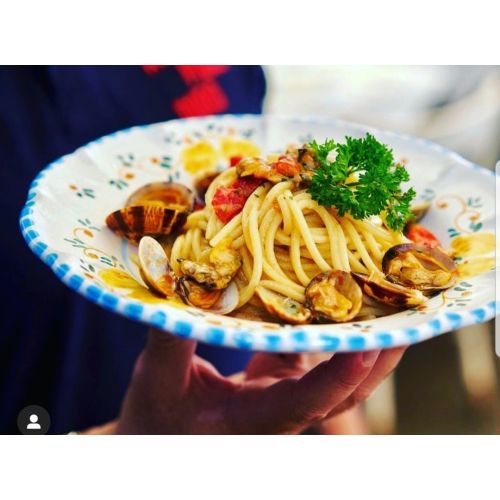 Restaurant Line - handpainted Vietri ceramic. Available soups, dinner, fruit/dessert, placemats, serving dishes.