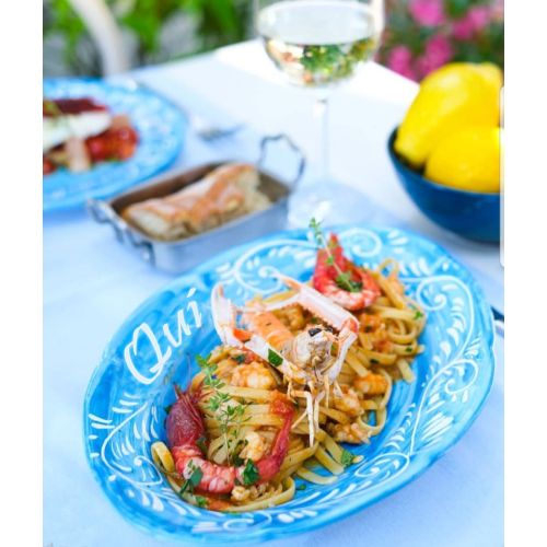 Restaurant Line - handpainted Vietri ceramic. Available soups, dinner, fruit/dessert, placemats, serving dishes.