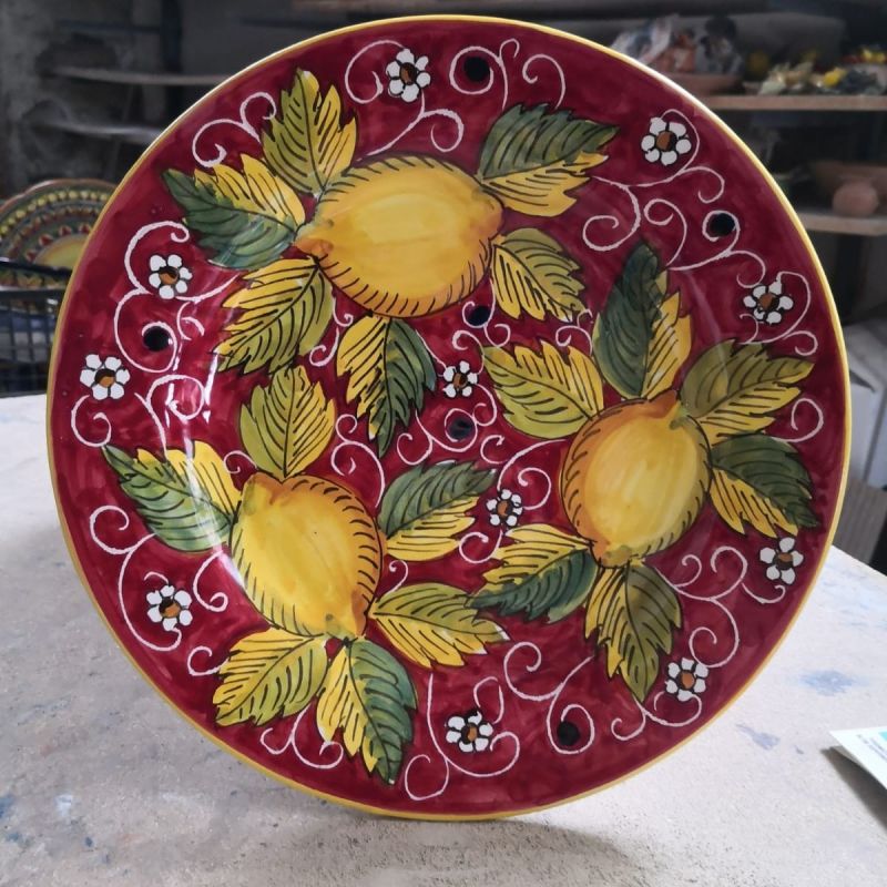 Dish, plate Top Line Lemons Line red background. handpainted in Vietri ceramic dinner, fruit/dessert underplate