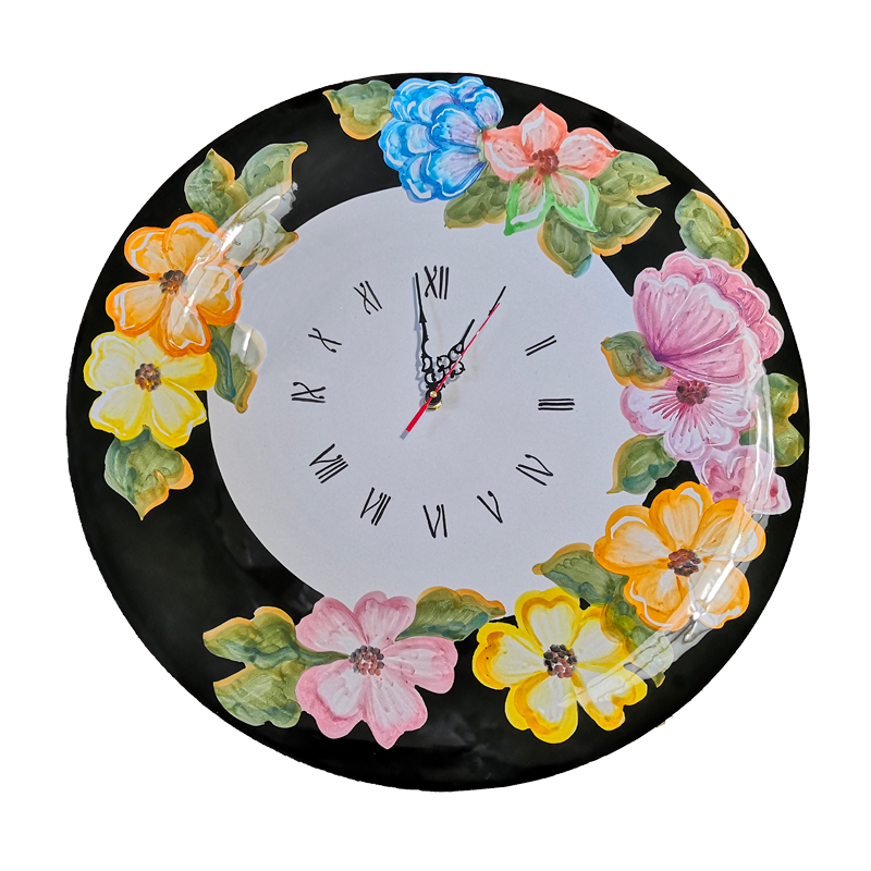 Wall clock. Black rim. Flowers line. Vietri...