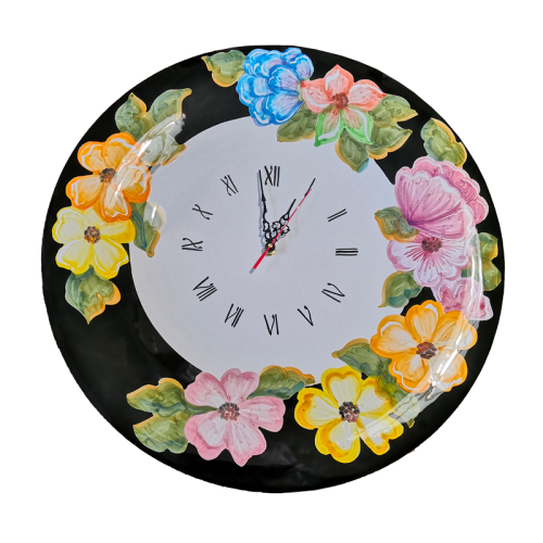 Wall clock. Black rim. Flowers line. Vietri ceramic. Hand-painted.