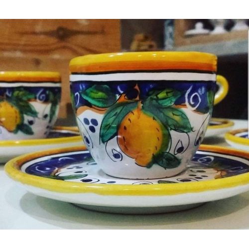 Coffee cup + dish, Lemons Line . handpainted Vietri ceramic. 2