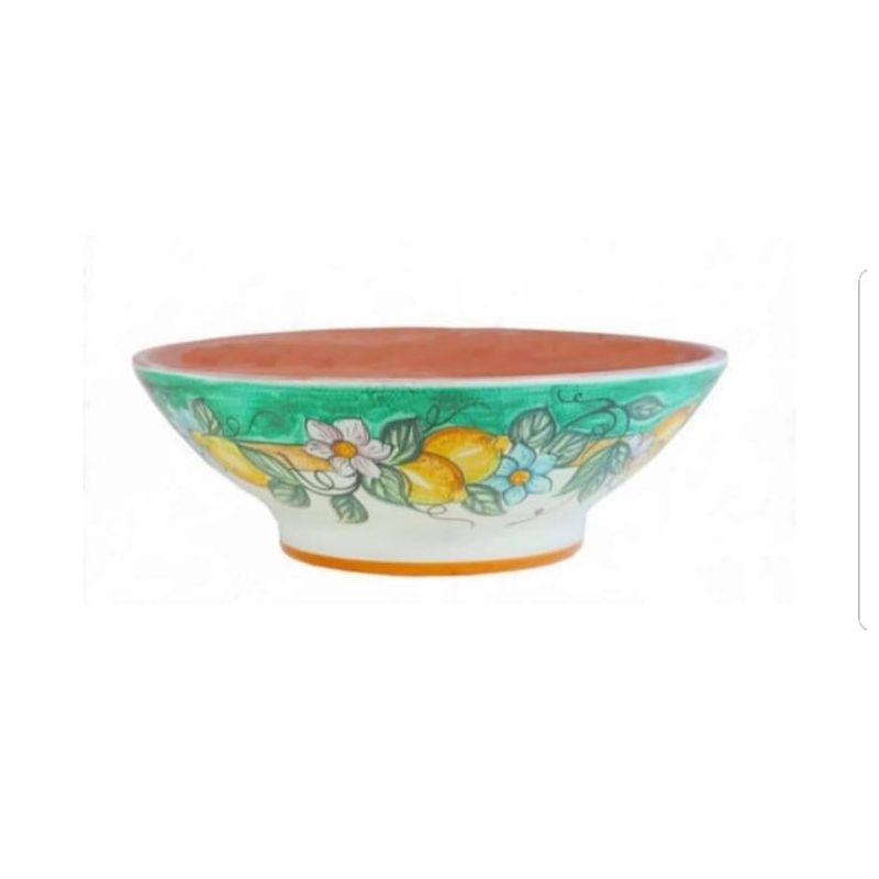 Vaso ciotola fondo verde, decoro limoni.  Ceramica di Vietri dipinto a mano.