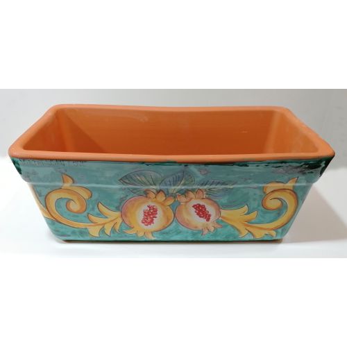 Jardinera rectangular. Fondo verde ramina con limones y flores. Cerámica de Vietri. Pintada a mano.