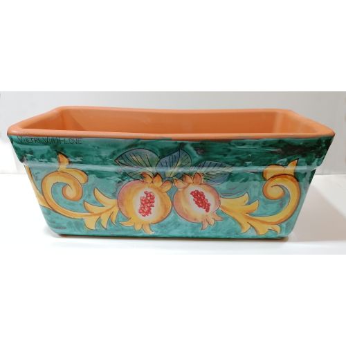 Jardinera rectangular. Fondo verde ramina con limones y flores. Cerámica de Vietri. Pintada a mano.