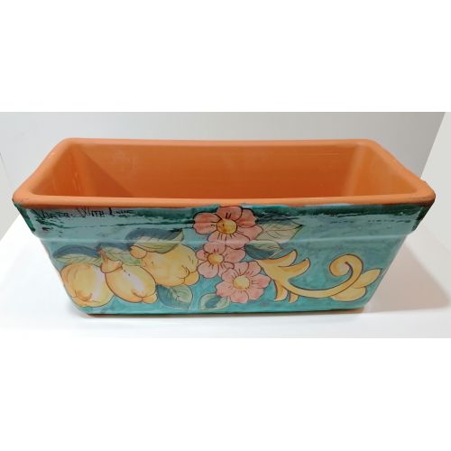 Fioriera a Cassetta Rettangolare. Fondo Verde Ramina Limoni e Fiori. Ceramica vietrese. Dipinto a mano.