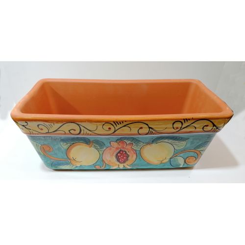 Jardinera rectangular. Fondo verde ramina con limones y granadas. Cerámica de Vietri. Pintada a mano.