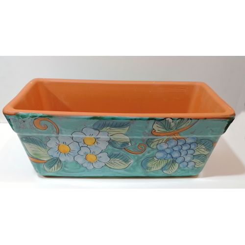 Rectangular Planter. Green Ramina Base with Flowers. Vietri ceramic. Hand-painted.