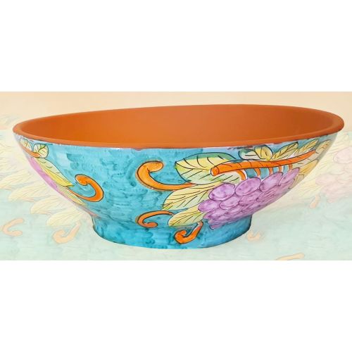 Jarrón de tazón de fondo azul, decoración de frutas Cerámica Vietri pintada a mano.