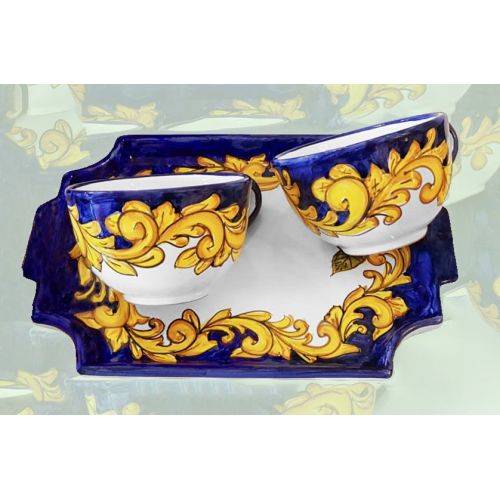 Set de tazas de leche/té con bandeja decorada Borde Azul...