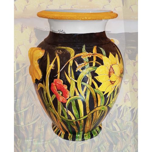 Umbrella holder vase scuro decoro girasoli, handpainted Vietri ceramic