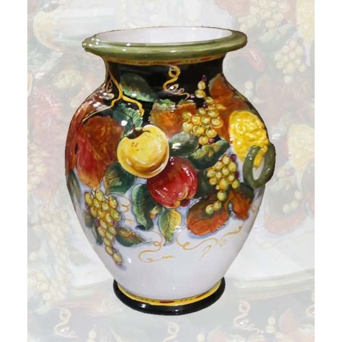 Umbrella holder vase white  Background fruit line, handpainted Vietri ceramic