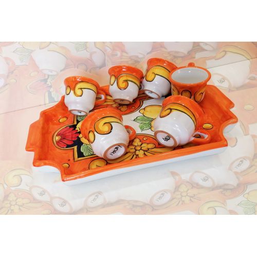 Juego de tazas con bandeja de línea barroca naranja....