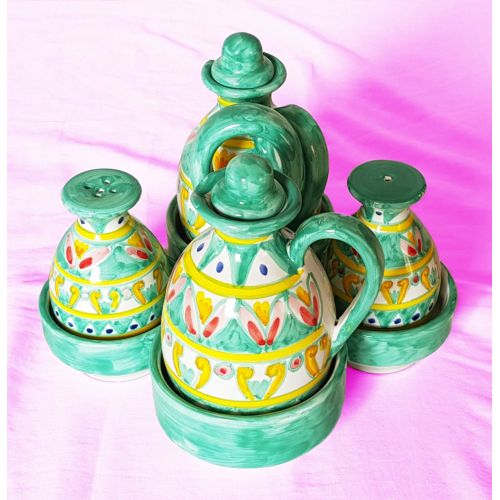 Oil vinegar salt and Pepper Set Green. handpainted Vietri ceramic