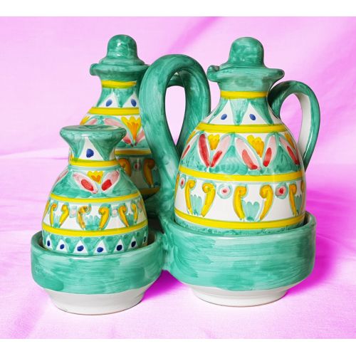 Oil vinegar salt and Pepper Set Green. handpainted Vietri ceramic