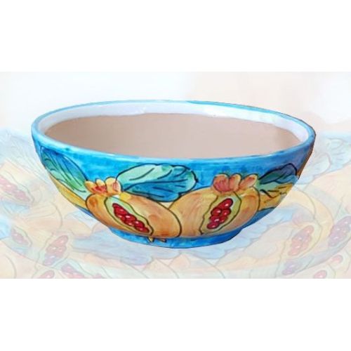 Vase bowl for plants pomegranates and light blue background. handpainted Vietri ceramic