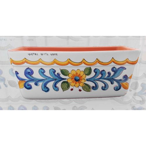 Jardinera rectangular. Fondo blanco con barroco azul. Cerámica de Vietri. Pintada a mano.