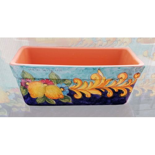 Rectangular Planter. Blue Base with Baroque and Lemons. Vietri ceramic. Hand-painted.