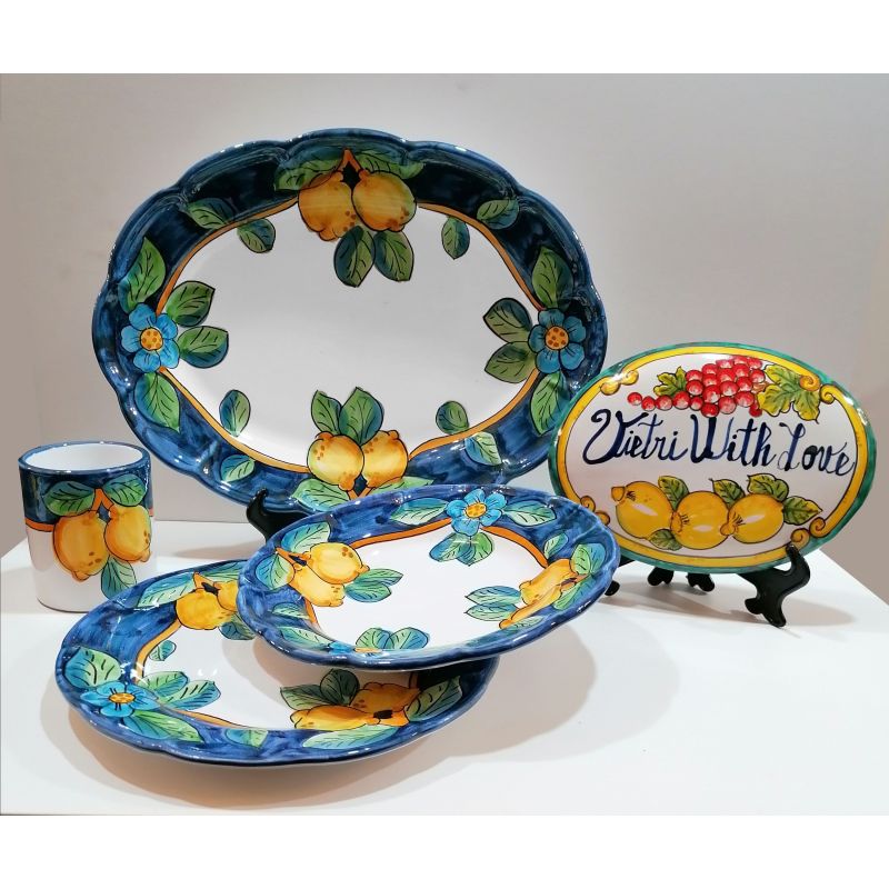 Linea limoni bordo blu. Ceramica di Vietri dipinta a mano. Bis Piano Fondo