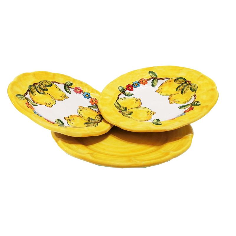 Trío de platos línea Limones y Flores. Cerámica de Vietri pintada a mano. Llano, hondo y postre.