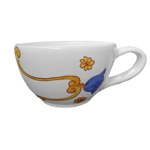 Taza de vaina. Fondo blanco floral. Cerámica Vietri pintada a mano.