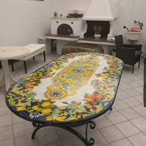 Table. Ceramic-coated lava stone table. Hand-painted Lauria. Vietri ceramic.