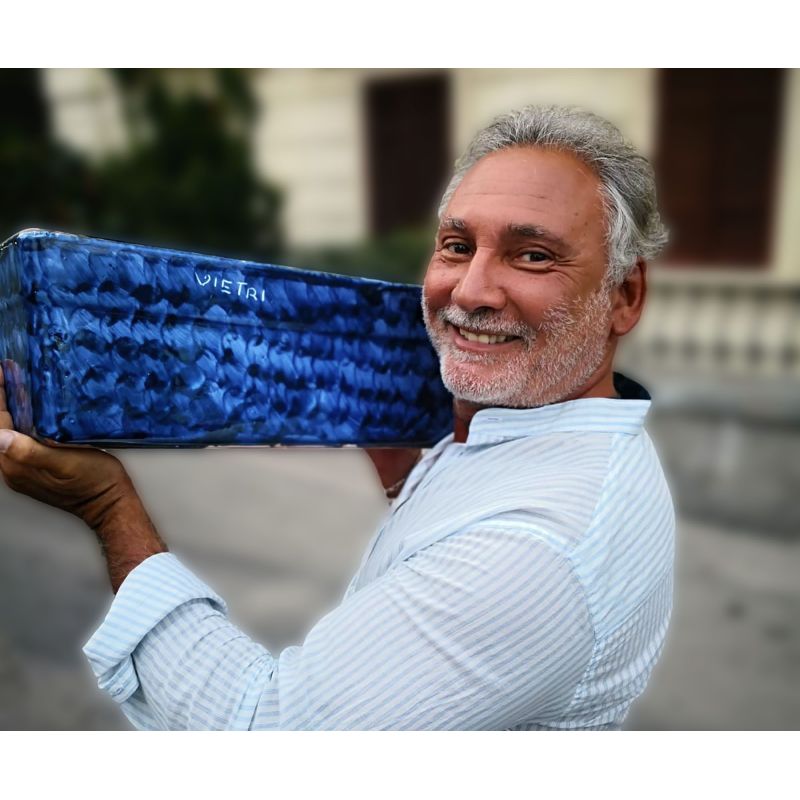 Rectangular Planter. Blue Brushstroke Base....