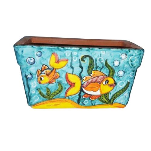 Jardinera rectangular. Fondo verde ramina con pececillos. Cerámica de Vietri. Pintada a mano.