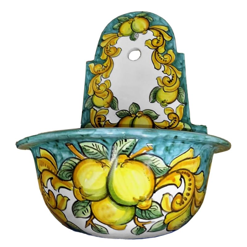 Fontana da giardino da muro con vasca. Decoro Limoni Ceramica di vietri