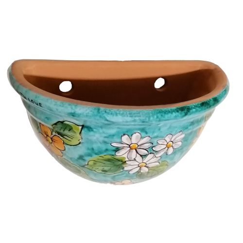 Plant basket wall mount copper green  Background and Flowers Line. handpainted Vietri ceramic
