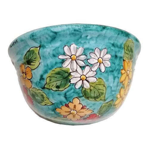 Plant basket wall mount copper green  Background and Flowers Line. handpainted Vietri ceramic