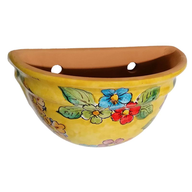 Plant basket wall mount yellow Background and Flowers Line. handpainted Vietri ceramic