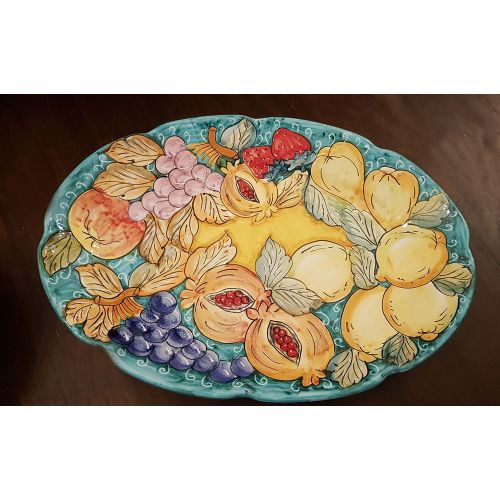 Oval scalloped serving plate. Fruits line. Vietri ceramic. Hand-painted.
