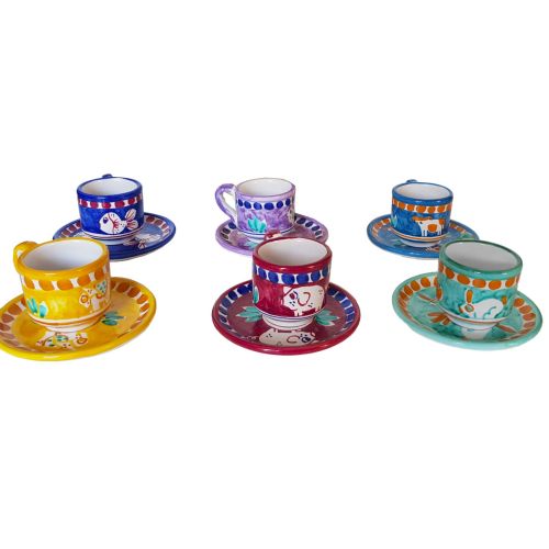 Set tazzina e piattino. Linea Animaletti. Ceramica di Vietri. Dipinto a mano