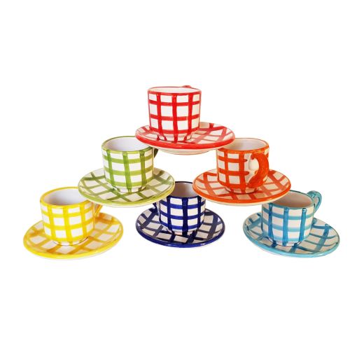 Set Kaffeetasse und Untertasse. Linie Streifen. Vietri Keramik. Handbemalt.