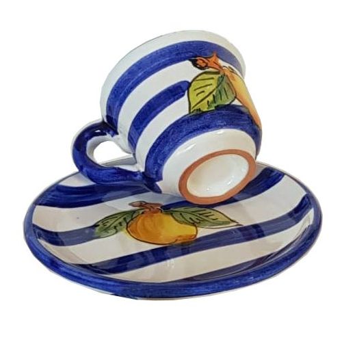Tazzina con piattino. Linea righe e limoni. Ceramica di Vietri. Dipinta a mano.