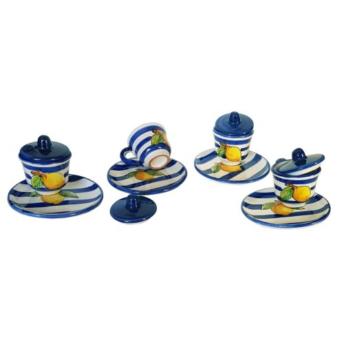 Coffee cup with saucer and lid. Stripes and Lemons Line. Vietri ceramic. Hand-painted.