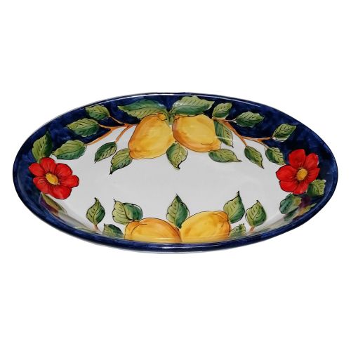 Plato ovalado con cuenco poco profundo. Línea Flores y Limones. Cerámica de Vietri. Pintado a mano.