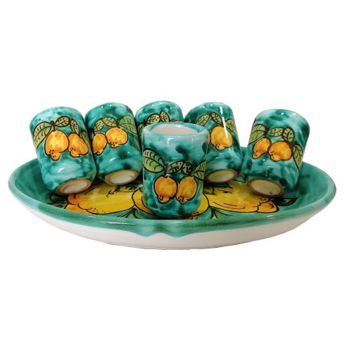 Set for Limoncello With oval tray Lemons and Copper Green Line. handpainted Vietri ceramic