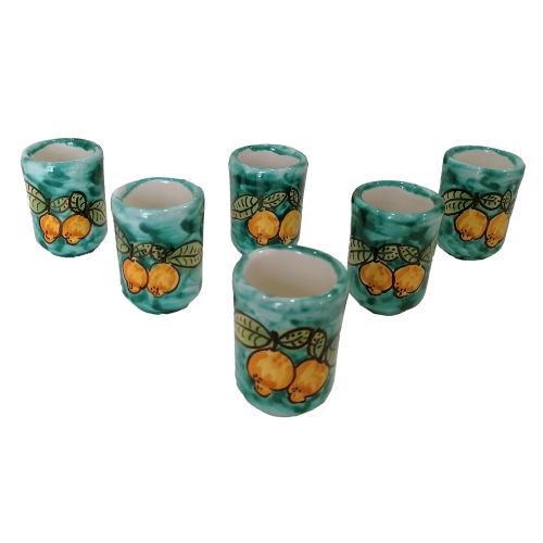 Set for Limoncello With oval tray Lemons and Copper Green Line. handpainted Vietri ceramic
