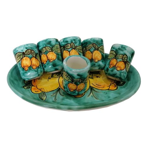 Limoncello juego de bandejas ovaladas y decoración de 6 vasos Limoni Verde Ramina. Cerámica Vietri pintada a mano.