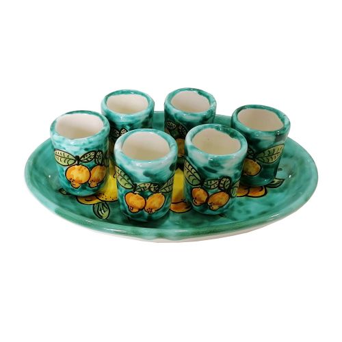 Set for Limoncello With oval tray Lemons and Copper Green Line. handpainted Vietri ceramic