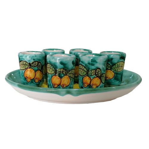 Limoncello juego de bandejas ovaladas y decoración de 6 vasos Limoni Verde Ramina. Cerámica Vietri pintada a mano.