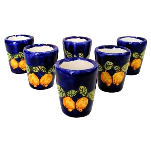 Set Limoncello 6 bicchieri decoro Limoni Fondo Blu. Ceramica di Vietri dipinta a mano.