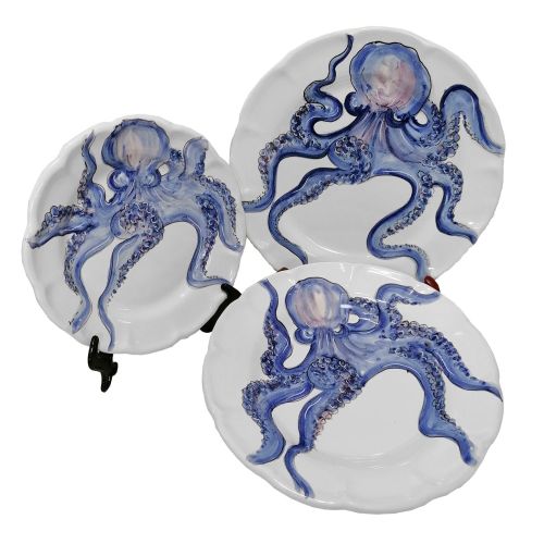 Teller Maritime Linie: 3 Vietri-Keramik-Teller – Oktopus: Tief-, Flach- & Obstteller
