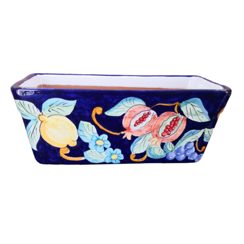 Jardinière rectangulaire – Fond bleu, citrons et grenades. Céramique de Vietri. Peinte à la main.
